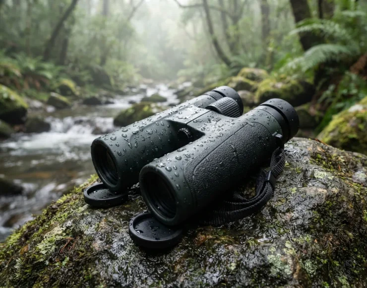 Simmons binoculars with water beading on the waterproof exterior during a light rain.