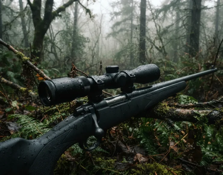 Simmons Pro Rimfire 4x32 scope with water droplets on its surface in a damp forest setting.
