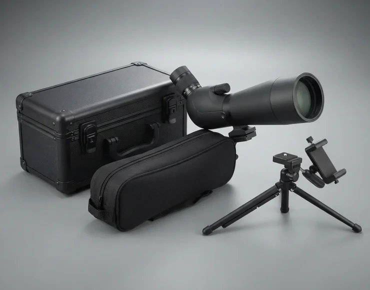The complete Simmons spotting scope kit including hard case, soft case, and tripod, neatly arranged for display.