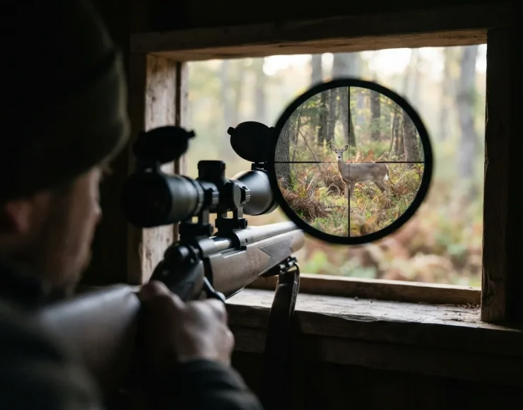 Simmons ProTarget riflescope mounted on a rifle, showing a clear view of a distant treeline at dawn.