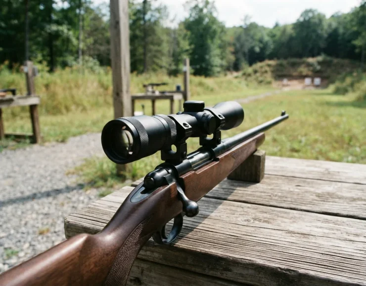 Simmons 4x32 riflescope mounted on a rimfire rifle, aimed at a target in an outdoor setting.