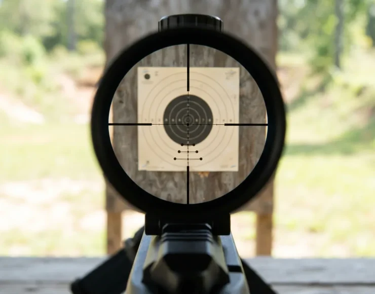 The Simmons Pro Rimfire scope's reticle view, showing the .22 drop zone pattern with aim points.