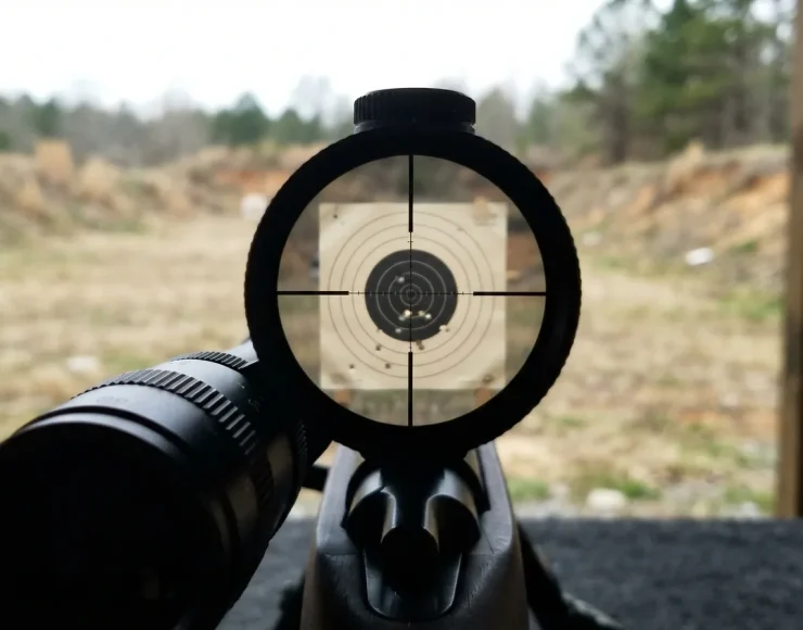 Close-up view through the Simmons Pro Rimfire scope showing a clear reticle on a target.
