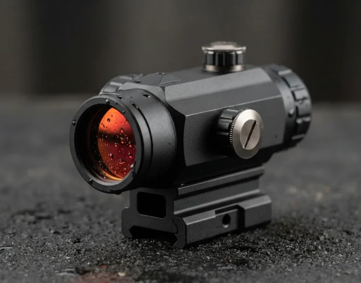 The Simmons red dot sight standing upright, showing its durable waterproof construction.