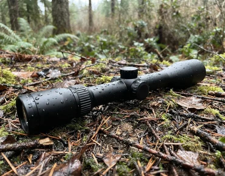 Simmons 8 Point rifle scope with water droplets on its body, resting on a forest floor covered in pine needles.