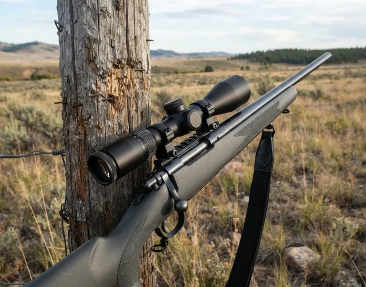 Simmons 8-Point riflescope mounted on a rifle in a rugged outdoor setting, showing durability.