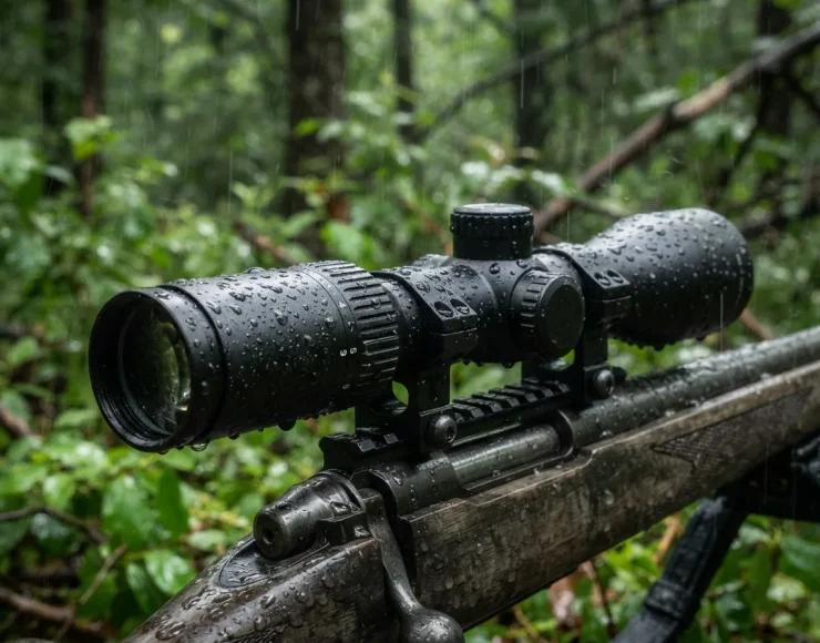 Close-up of the Simmons Pro Rimfire scope showing water droplets on its body, demonstrating its waterproof construction.