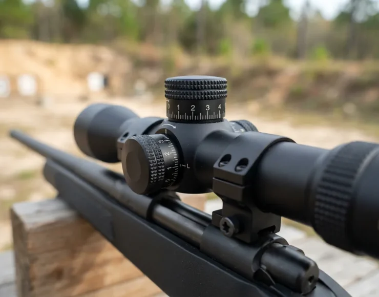 Close-up of the SureGrip windage and elevation adjustment knobs on the Simmons riflescope.