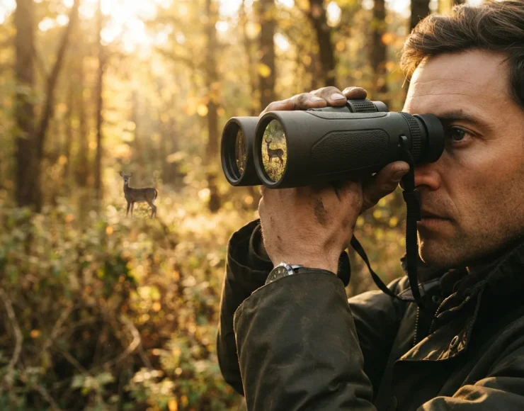 Simmons Pro Hunter binoculars showing crisp view of a deer in low evening light.