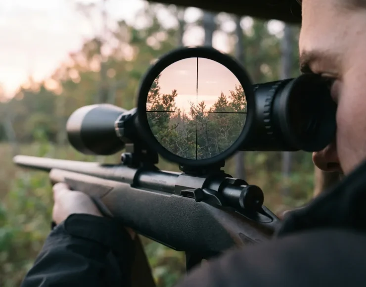 Simmons ProTarget riflescope mounted on a rifle, showing a clear view of a distant treeline at dawn.