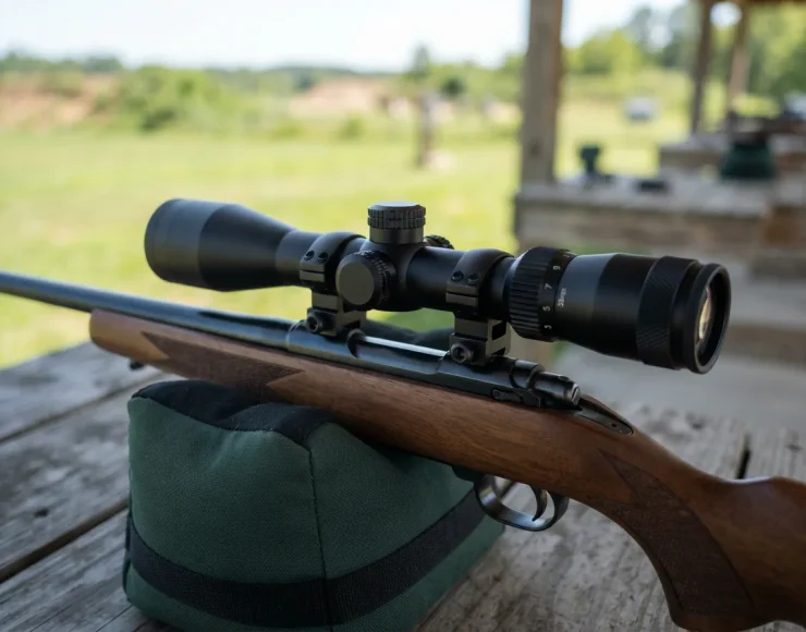Simmons Pro Rimfire riflescope mounted on a rimfire rifle at a shooting range.