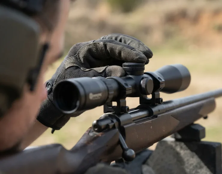A gloved hand adjusting the capped turrets on the Simmons Pro Rimfire scope.