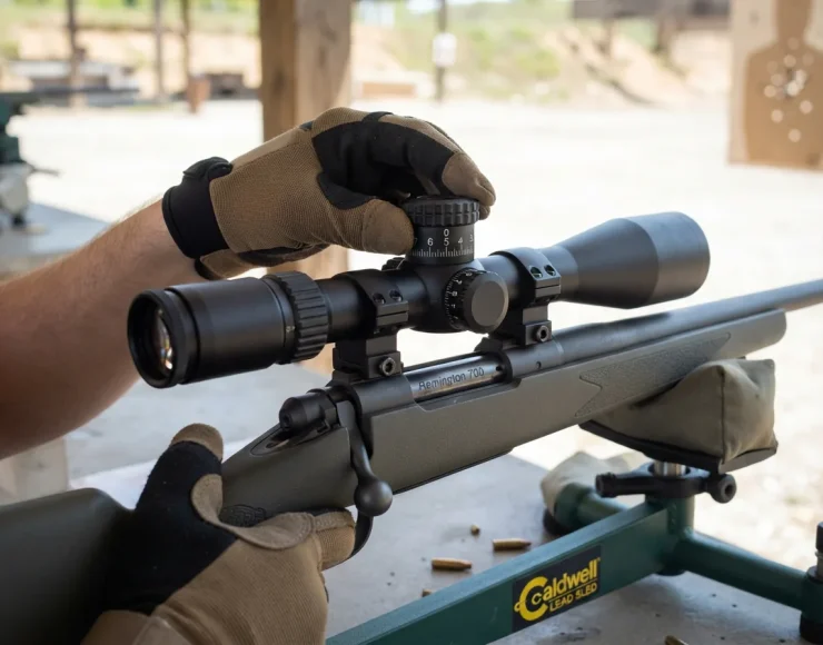 A shooter using the exposed turrets on the Simmons ProTarget riflescope at an outdoor shooting range.