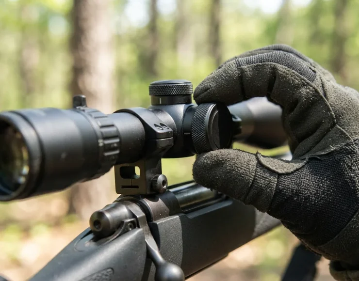 A hand in a glove adjusting the capped windage turret on the Simmons Pro Hunter riflescope.