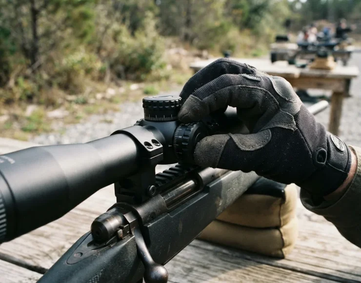 A gloved hand adjusting the textured turret on the Simmons ProTarget riflescope.