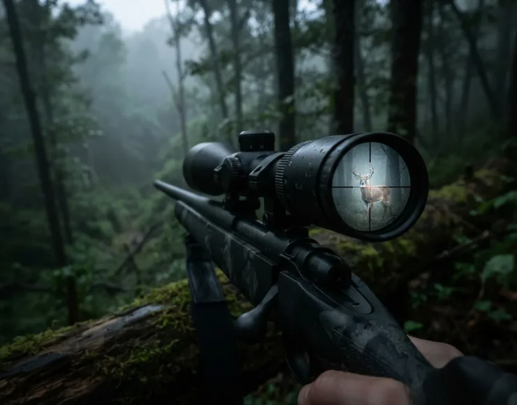 Simmons Pro Hunter scope showing a clear, bright view of a deer at dawn through its lens.