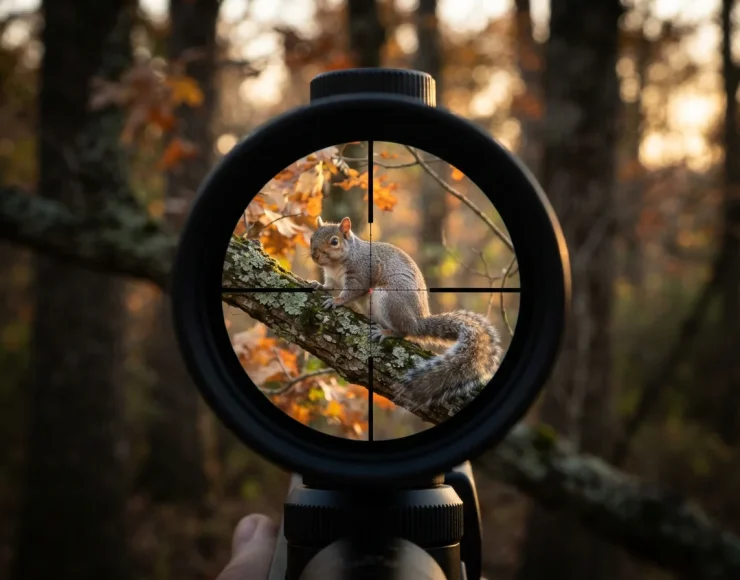 View through the Simmons Pro Rimfire Riflescope showing a clear, bright image of a squirrel target at dusk.