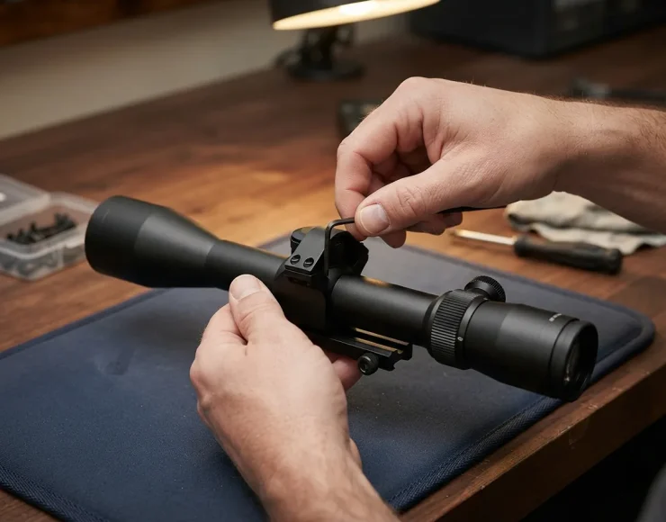 Hands attaching the included rimfire rings to the Simmons 4x32 riflescope tube.