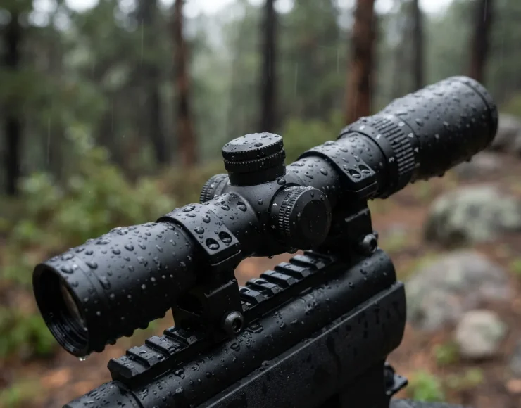 Close-up of the Simmons Pro Rimfire scope with water droplets on its body, demonstrating its waterproof build.