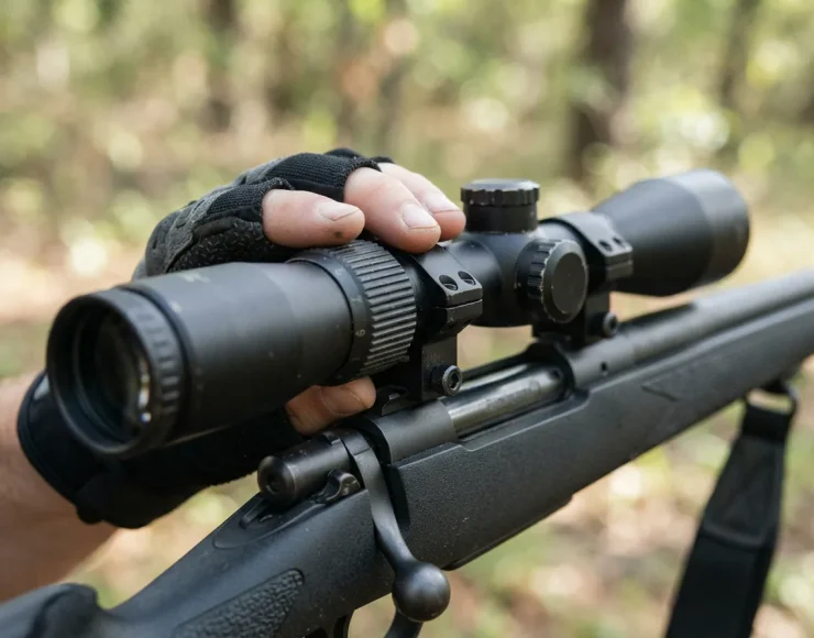 A gloved hand adjusting the textured magnification ring on the Simmons Pro Hunter scope.