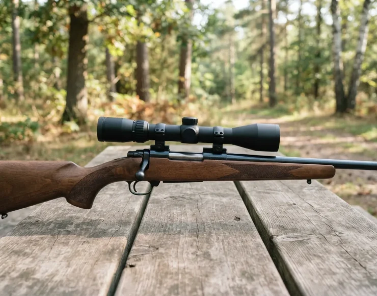 Simmons Pro Rimfire Riflescope mounted on a rimfire rifle, showcasing its rugged aluminum construction in a wooded field setting.