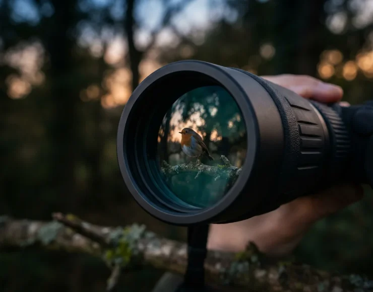 Close-up of the Simmons 10x50 binoculars objective lens capturing a bright, clear view of a bird at dusk.