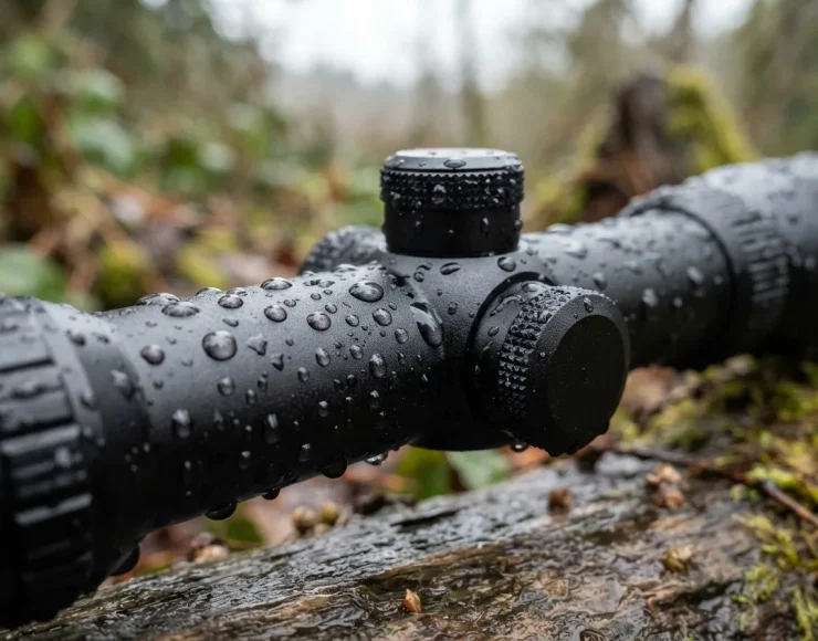 Close-up of the Simmons ProTarget riflescope body with water droplets, showing its waterproof construction.
