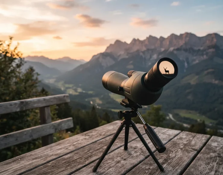 Simmons spotting scope displaying a sharp, bright image of a distant ridge at dusk, showcasing low-light performance.