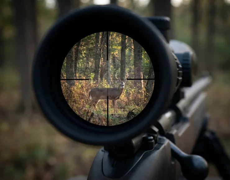 Bright, high-contrast view through the Simmons 3-9x40 scope showing a deer in a forest at dawn.