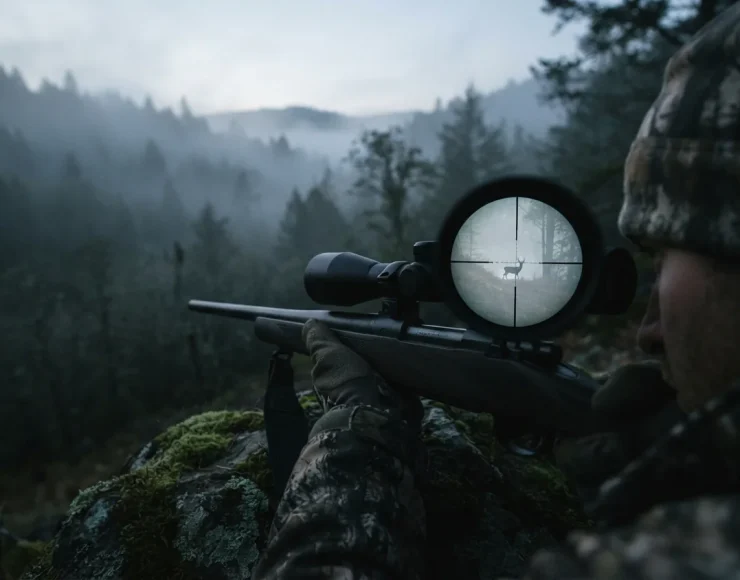 Simmons Pro Hunter 4-12x40 riflescope mounted on a rifle at dawn, showing clear view through the lens.