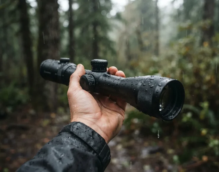 Simmons Pro Rimfire Riflescope being used in rainy conditions, demonstrating its weatherproof construction.