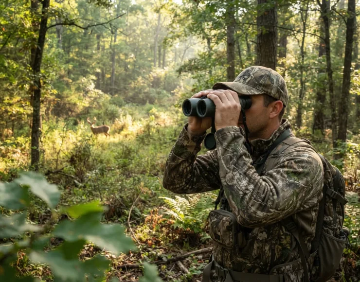 A person in hunting gear looks through Simmons 10x50 binoculars across a sun-dappled forest clearing, focusing on a distant deer.
