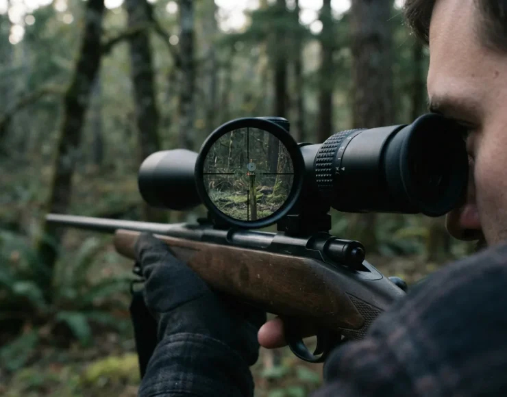 Simmons Pro Rimfire scope mounted on a rimfire rifle, showing a clear view through the lens in a dim forest setting.
