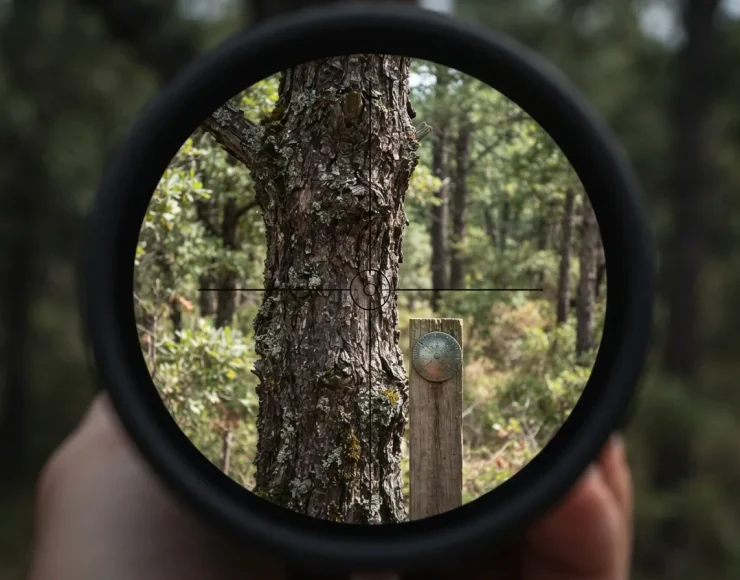 View through the Simmons Prohunter 750 Rangefinder showing a magnified image of a distant target.