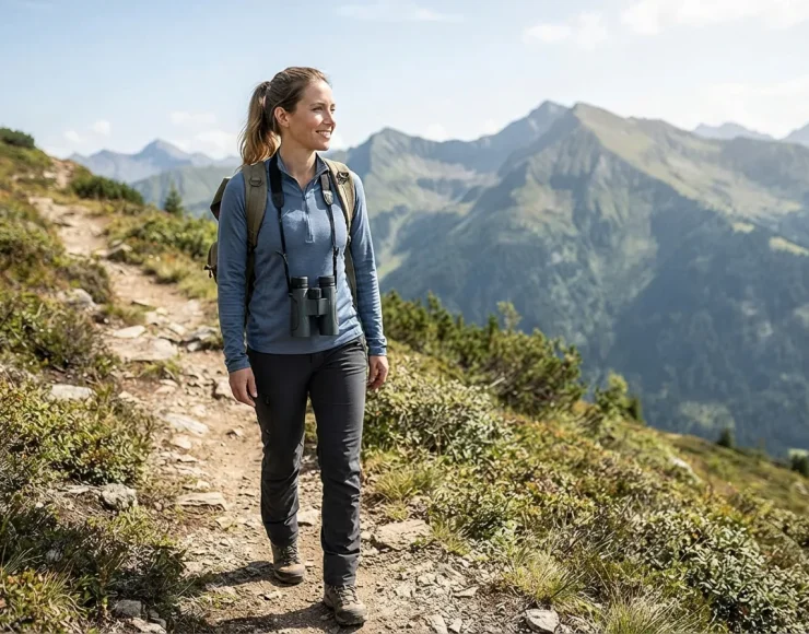 A hiker with the Simmons 10x50 binoculars hanging from their neck, walking easily along a sunny mountain trail.