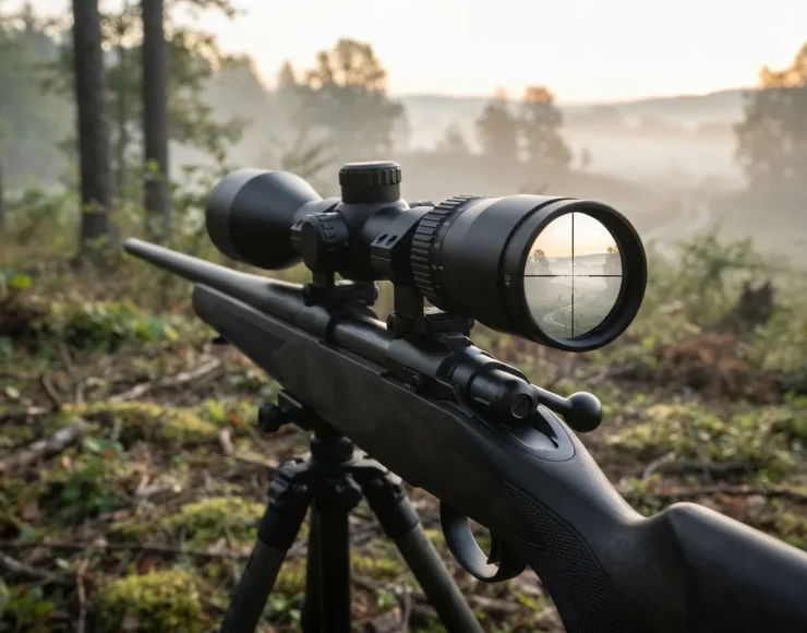 Simmons 8 Point rifle scope mounted on a rifle, showing a bright, clear view through the eyepiece towards a wooded field at dawn.