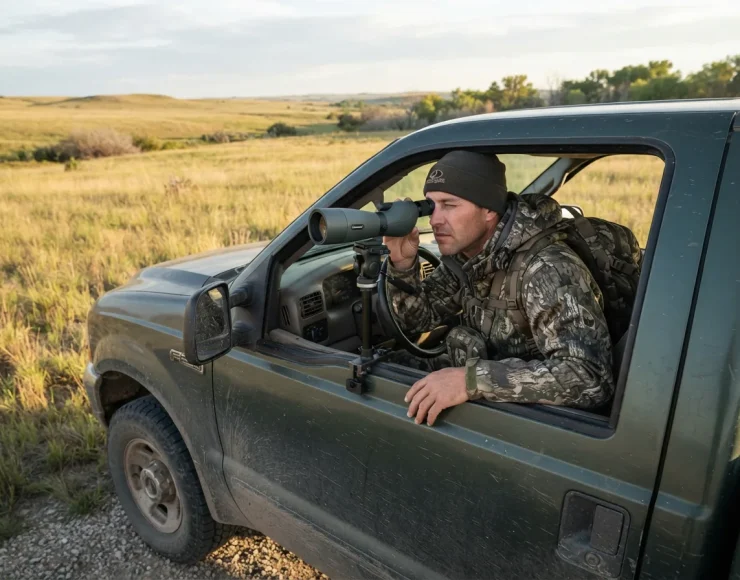A hunter confidently using the Simmons spotting scope from a truck window using the tripod's built-in mount.