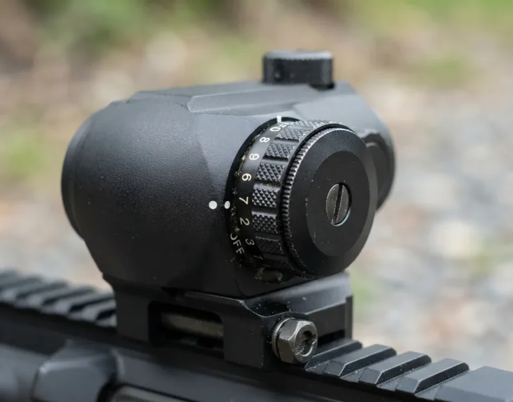 The Simmons red dot sight showing its 11 brightness settings dial.