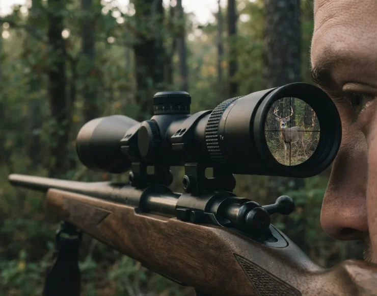 Close-up view through the Simmons Pro Hunter riflescope showing a sharp, clear image of a distant deer at dawn in low light.