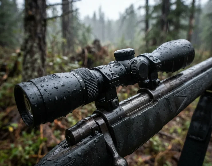 Simmons Pro Hunter scope with water droplets on its body, mounted on a rifle in a light rain.