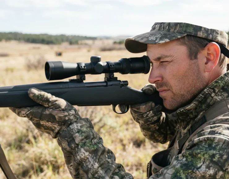 A hunter using the Simmons 8-Point scope's QTA eyepiece to quickly acquire a target in a field.