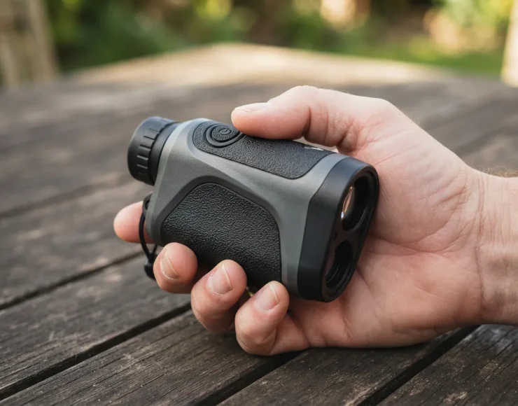 Close-up of the Simmons Prohunter 750 Rangefinder's compact body and control button.