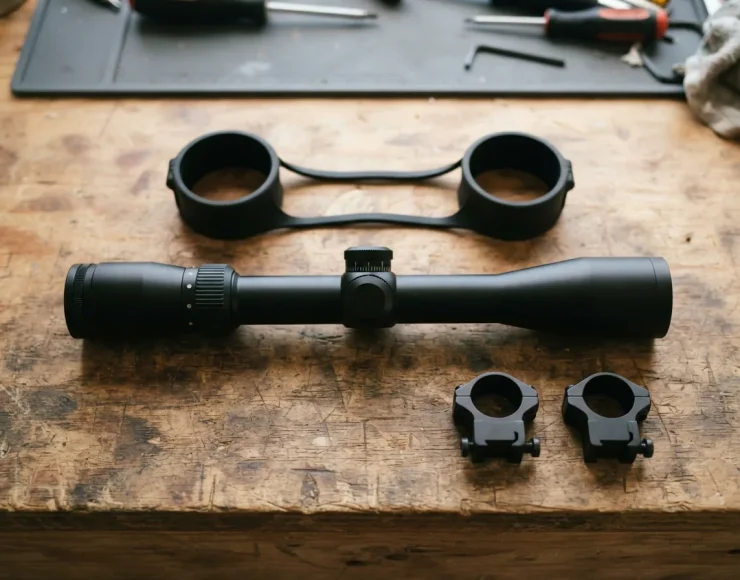 Simmons Pro Rimfire 4x32 scope kit laid out on a wooden bench, including the scope, rings, and lens covers.
