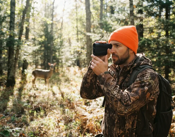 A hunter using the Simmons Prohunter 750 Rangefinder to measure distance to a deer in a wooded area.
