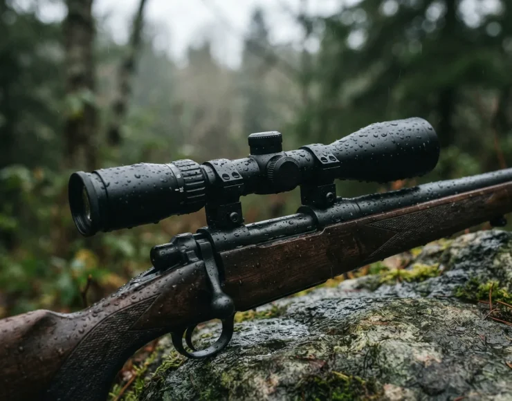 The Simmons Pro Hunter riflescope mounted on a rifle in a light rain shower, with water beading on its surface, demonstrating waterproof construction.