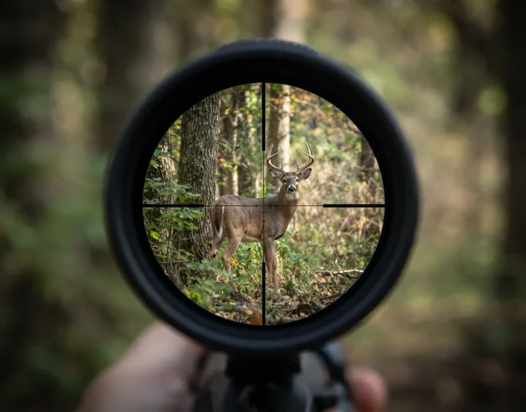 A view through the Simmons 8-Point scope showing a bright, high-contrast image of a distant target.