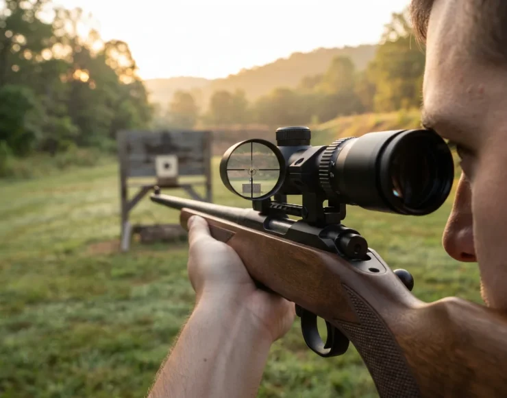 Simmons Pro Rimfire scope mounted on a rifle, showing a clear view through the lens at dawn with a target in the distance.
