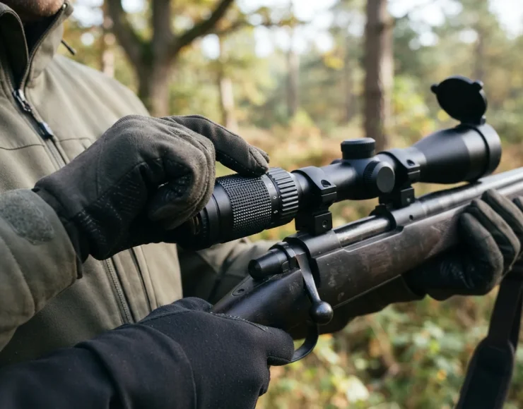 Gloved hand adjusting the textured magnification ring on the Simmons Pro Hunter riflescope.
