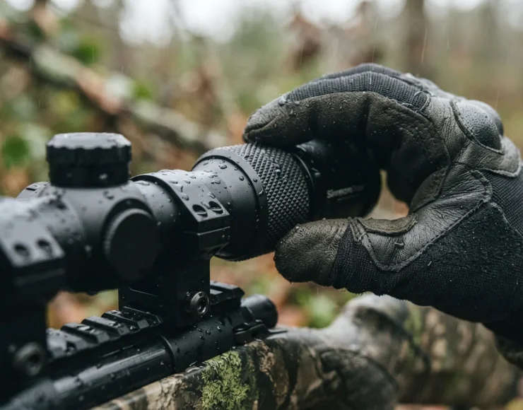Close-up of the Simmons ProTarget riflescope's textured magnification ring being adjusted with a gloved hand in light rain.