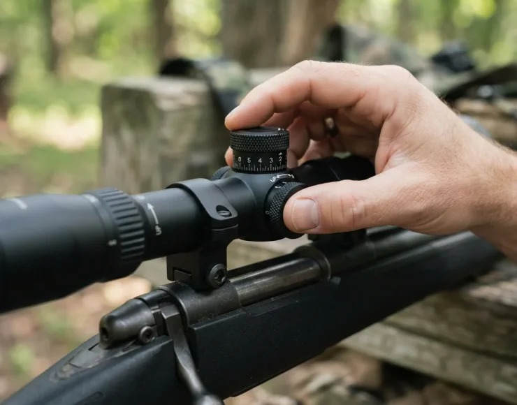 Close-up of a hand making a precise TrueZero adjustment on the Simmons 8-Point scope's turrets.